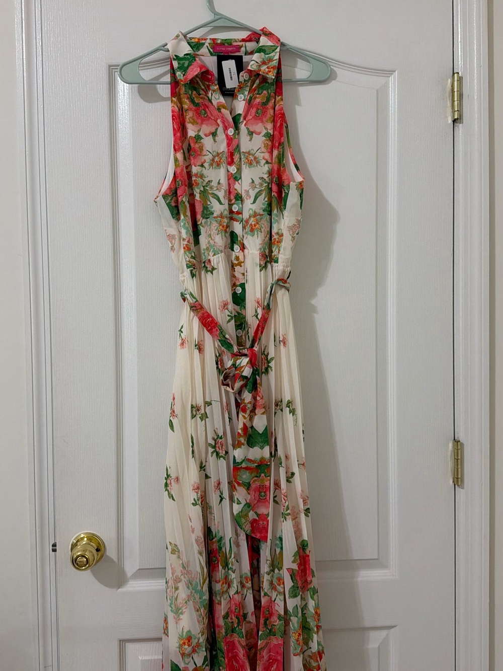 Flying Tomato Sleeveless Floral Maxi Dress - Cream with Pink & Green